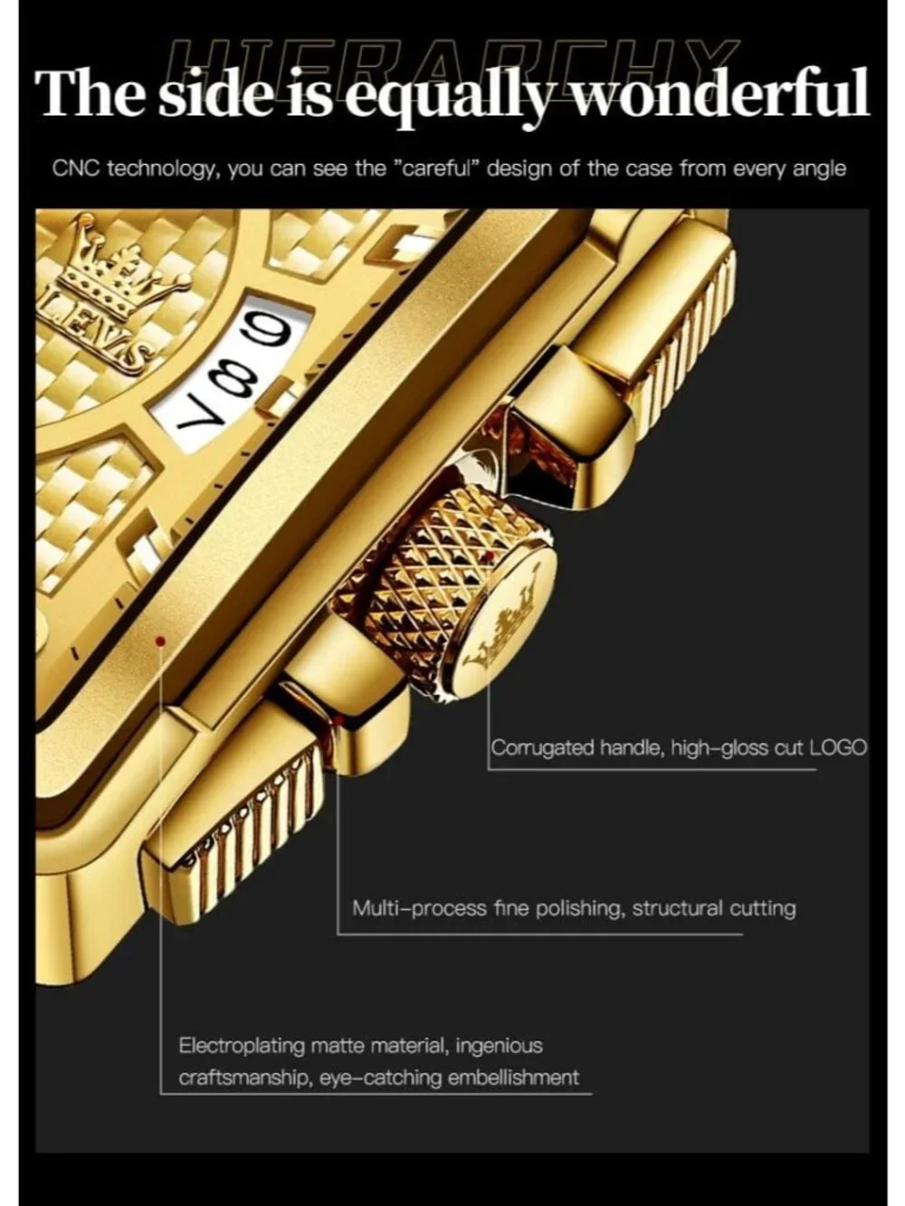 Men's Gold Quartz Leather Strap Waterproof Casual Trendy Square Dial Wristwatch